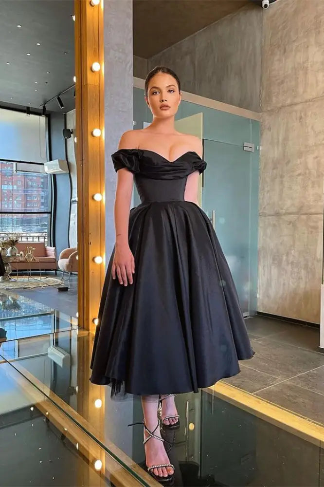 Stunning Off-the-Shoulder Black Prom Dress Tea Length Satin Formal Dress