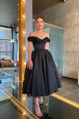 Stunning Off-the-Shoulder Black Prom Dress Tea Length Satin Formal Dress