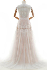 Sleek Cap Sleeve Lace Tulle A-line Wedding Dress