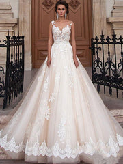 Sleeveless A Line Wedding Dresses Lace Floral Applique Bridal Gowns With Train