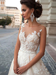 Sleeveless A Line Wedding Dresses Lace Floral Applique Bridal Gowns With Train