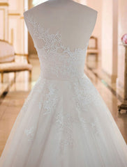 Sleeveless A Line Wedding Dresses Lace Floral Applique Bridal Gowns With Train