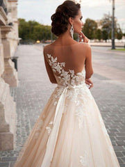 Sleeveless A Line Wedding Dresses Lace Floral Applique Bridal Gowns With Train