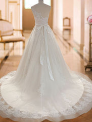 Sleeveless A Line Wedding Dresses Lace Floral Applique Bridal Gowns With Train