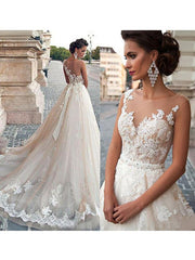 Sleeveless A Line Wedding Dresses Lace Floral Applique Bridal Gowns With Train