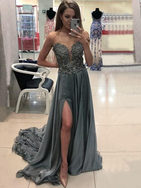 Sleeveless Bateau A-line Crystal Chiffon Evening Dresses with Slit