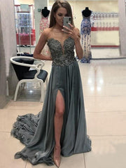 Sleeveless Bateau A-line Crystal Chiffon Evening Dresses with Slit