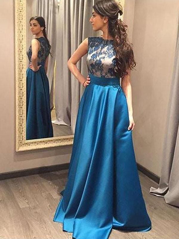 Sleeveless Bateau Satin A-line With Lace Floor-Length Dresses