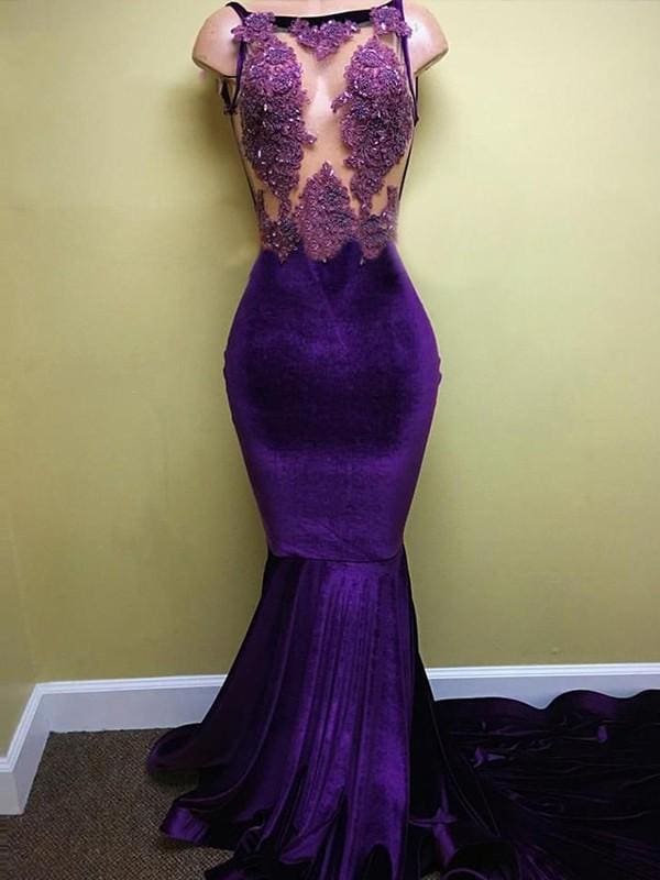 Sleeveless Bateau Sweep/Brush Train With Applique Velvet Dresses