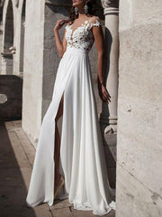 Sleeveless Boho Wedding Dress A Line V Neck Sleeveless Split Lace Appliqued Beach Bridal Gowns With Sweep Train