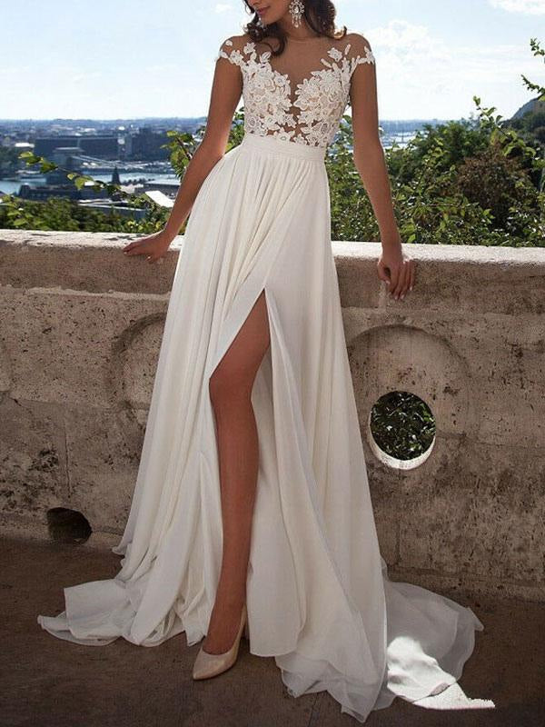 Sleeveless Boho Wedding Dress A Line V Neck Sleeveless Split Lace Appliqued Beach Bridal Gowns With Sweep Train