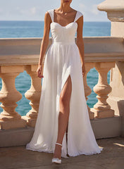 A-Line Square Neckline Sleeveless Chiffon Wedding Dresses With