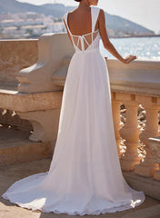 A-Line Square Neckline Sleeveless Chiffon Wedding Dresses With