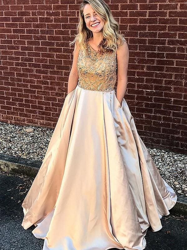 Sleeveless Floor-Length A-line With Beading Satin Dresses with Pockets