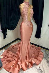 Sleeveless Halter Appliques Coral Mermaid Prom Dress Satin