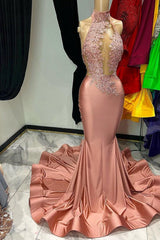Sleeveless Halter Appliques Coral Mermaid Prom Dress Satin
