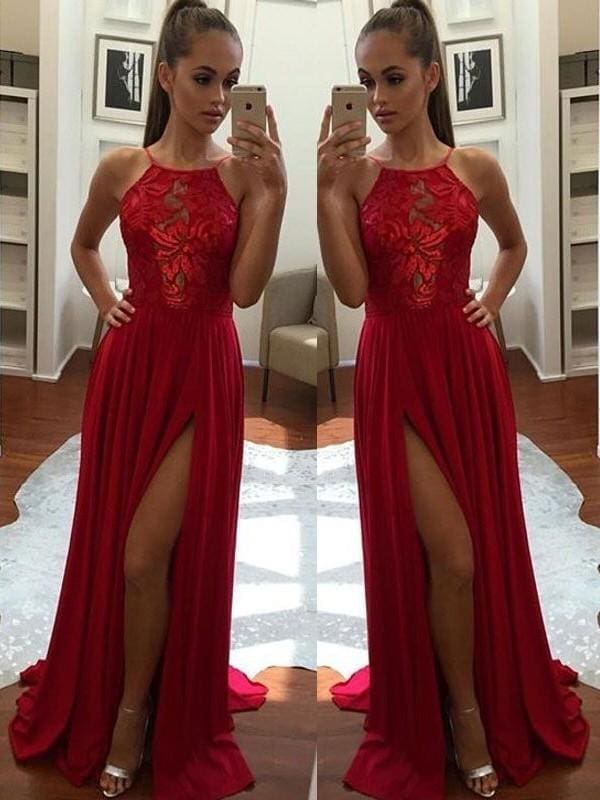Sleeveless Halter Chiffon With Applique Sweep/Brush Train Dresses