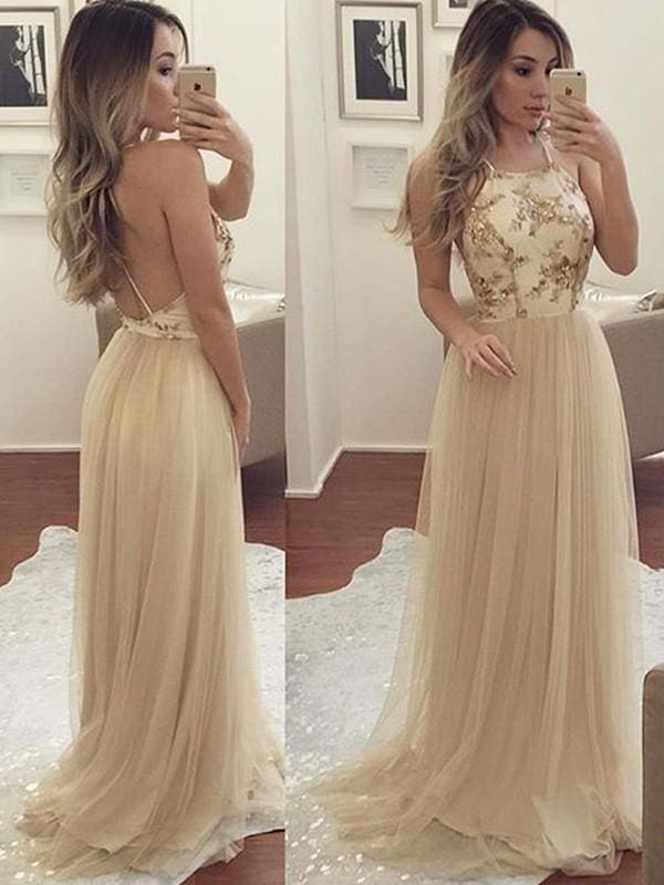 Sleeveless Halter Floor-Length A-line With Applique Tulle Dresses