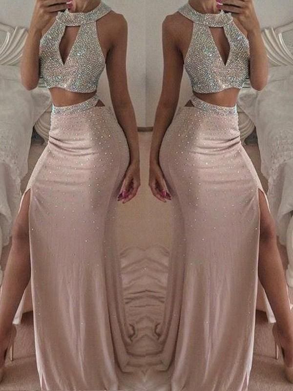 Sleeveless Halter Floor-Length With Beading Chiffon Two Piece Dresses