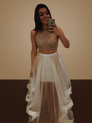 Sleeveless Halter Floor-Length With Beading Organza Two Piece Dresses