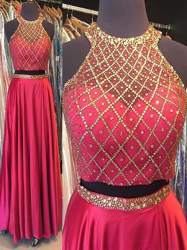 Sleeveless Halter Satin With Beading Floor-Length Two Piece Dresses