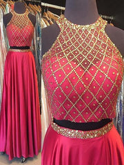 Sleeveless Halter Satin With Beading Floor-Length Two Piece Dresses