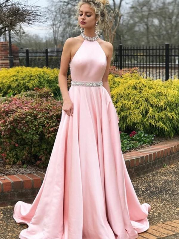Sleeveless Halter Sweep/Brush A-line Train With Beading Satin Dresses
