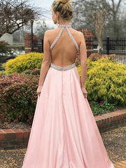 Sleeveless Halter Sweep/Brush A-line Train With Beading Satin Dresses