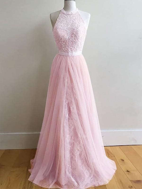 Sleeveless Halter Tulle A-line With Lace Sweep/Brush Train Dresses