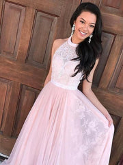 Sleeveless Halter Tulle A-line With Lace Sweep/Brush Train Dresses