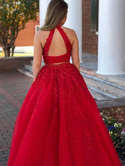 Sleeveless Halter With Beading Tulle Floor-Length Two Piece Dresses