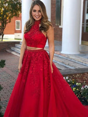 Sleeveless Halter With Beading Tulle Floor-Length Two Piece Dresses