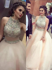 Sleeveless High Neck A-line Floor-Length Crystal Tulle Dresses