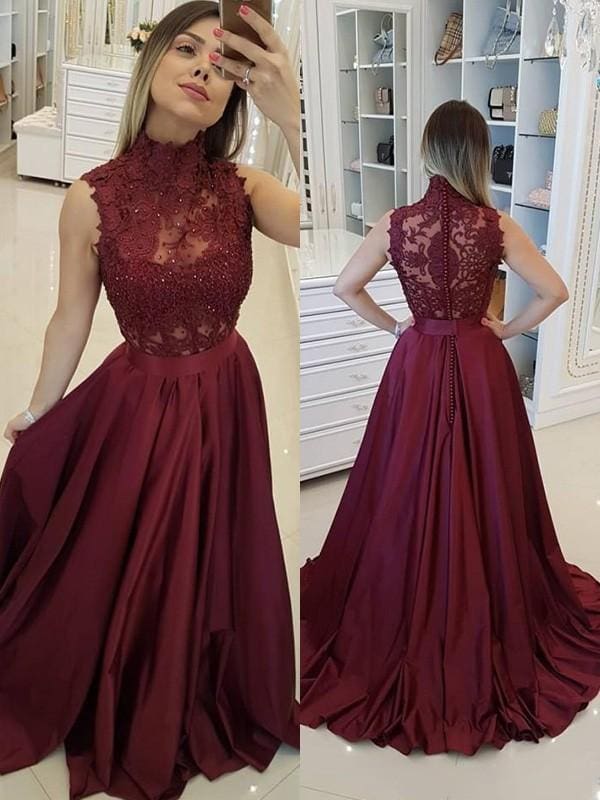 Sleeveless High Neck A-line Sweep/Brush With Applique Satin Dresses