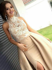 Sleeveless High Neck Sweep/Brush Train With Applique Satin Dresses