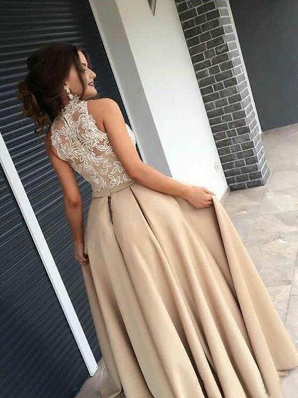 Sleeveless High Neck Sweep/Brush Train With Applique Satin Dresses