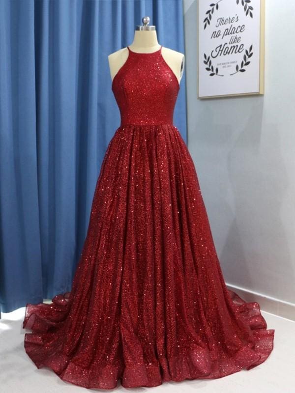 Sleeveless Jewel Sweep/Brush A-line Train With Ruffles Sequins Dresses