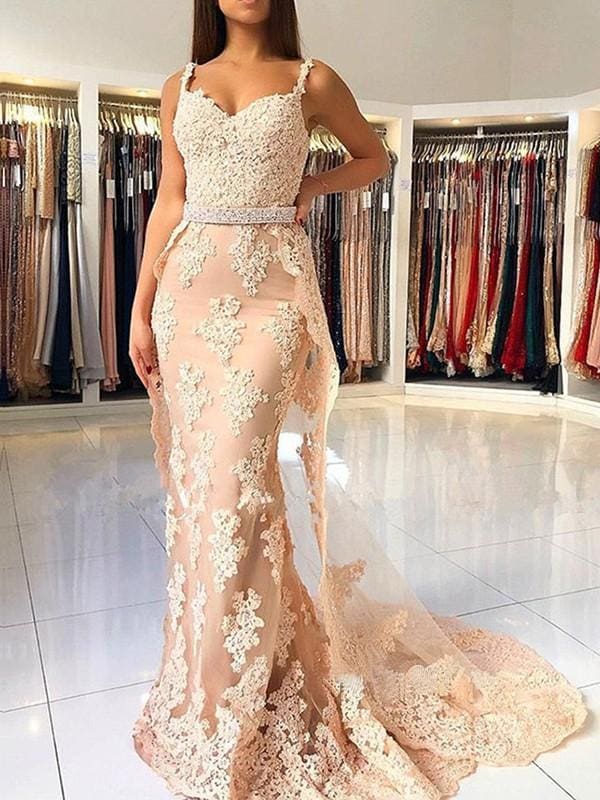 Sleeveless Lace Tulle Mermaid Prom Dresses with Sweep/Brush Train
