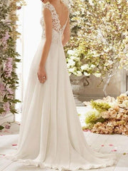 Sleeveless Lace Wedding Dress A Line V Neck Floral Beaded Bridal Dresses With Train