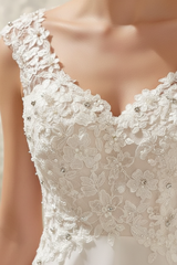 Sleeveless Lace Wedding Dress A Line V Neck Floral Beaded Bridal Dresses With Train