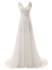 Sleeveless Lace Wedding Dress A Line V Neck Floral Beaded Bridal Dresses With Train