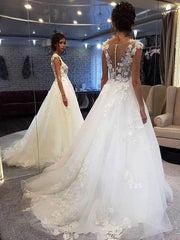 Sleeveless Lace Wedding Dress Jewel Neck Floral A Line Tulle Bridal Gowns
