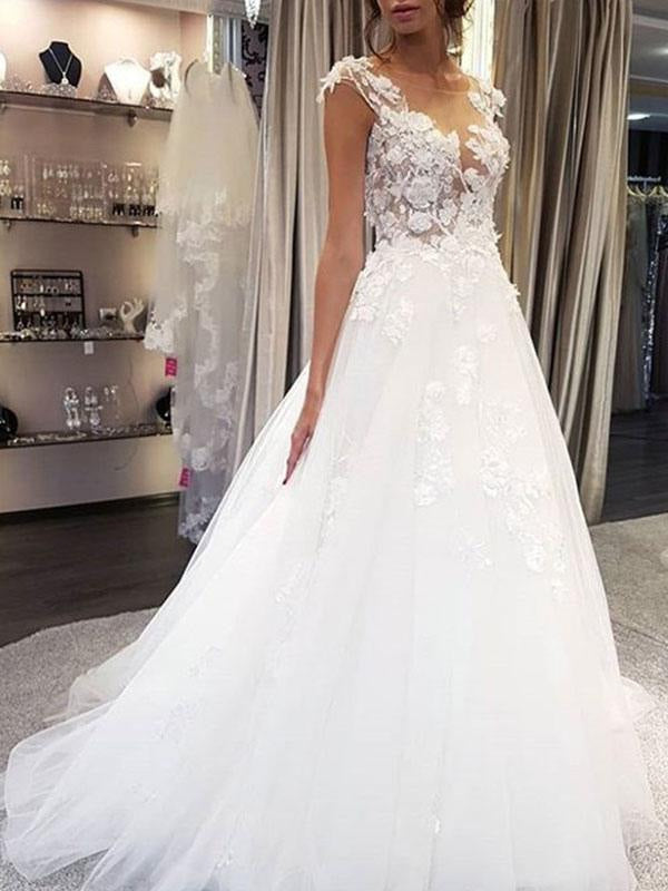 Sleeveless Lace Wedding Dress Jewel Neck Floral A Line Tulle Bridal Gowns
