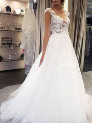 Sleeveless Lace Wedding Dress Jewel Neck Floral A Line Tulle Bridal Gowns