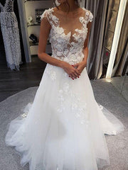 Sleeveless Lace Wedding Dress Jewel Neck Floral A Line Tulle Bridal Gowns