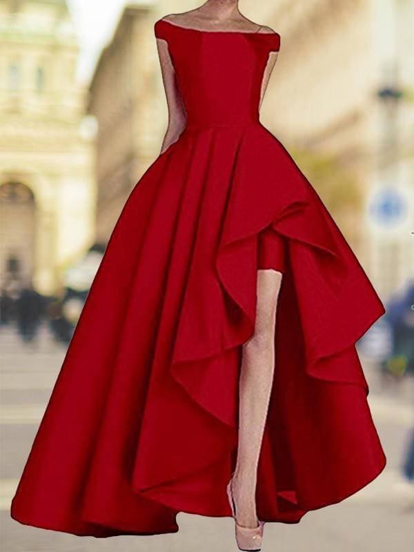 Sleeveless Off-The-Shoulder Asymmetrical A-line Satin Dresses