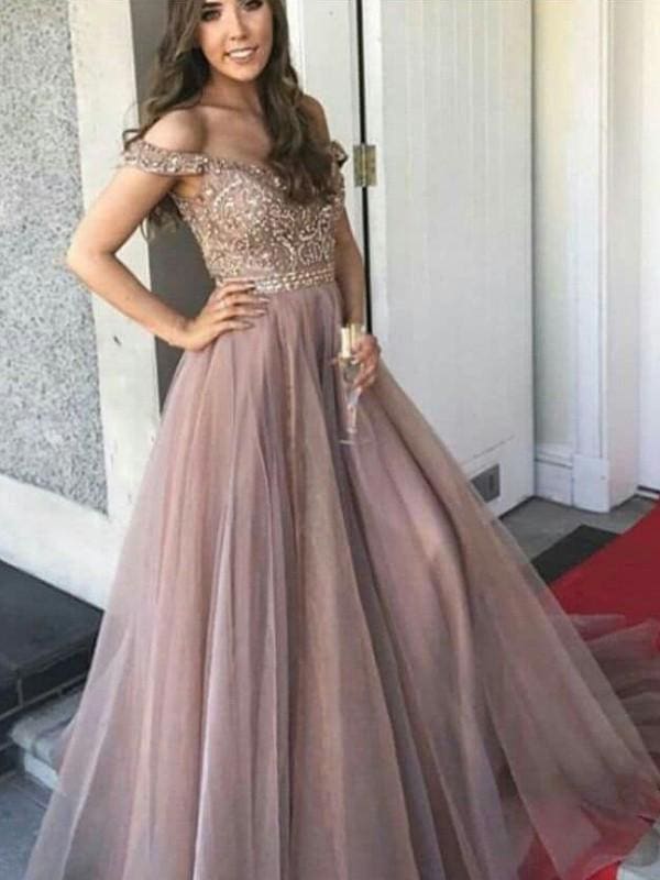 Sleeveless Off-The-Shoulder Floor-Length Tulle With Beading Dresses