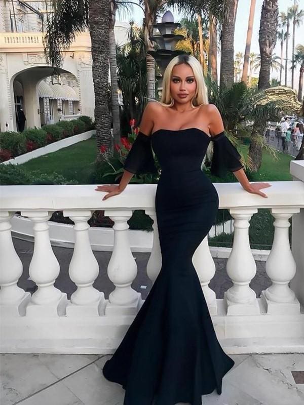 Sleeveless Off-The-Shoulder Floor-Length With Ruffles Satin Dresses