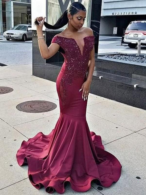 Sleeveless Off-The-Shoulder Sweep/Brush Train Lace Satin Dresses