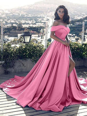 Sleeveless Off-The-Shoulder With Ruffles Satin Court Train Dresses